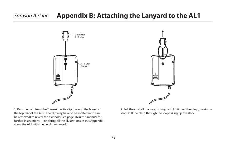 Appendix b: attaching the lanyard to the al1, Samson airline | Samson AIRLINE CR77 User Manual | Page 78 / 84