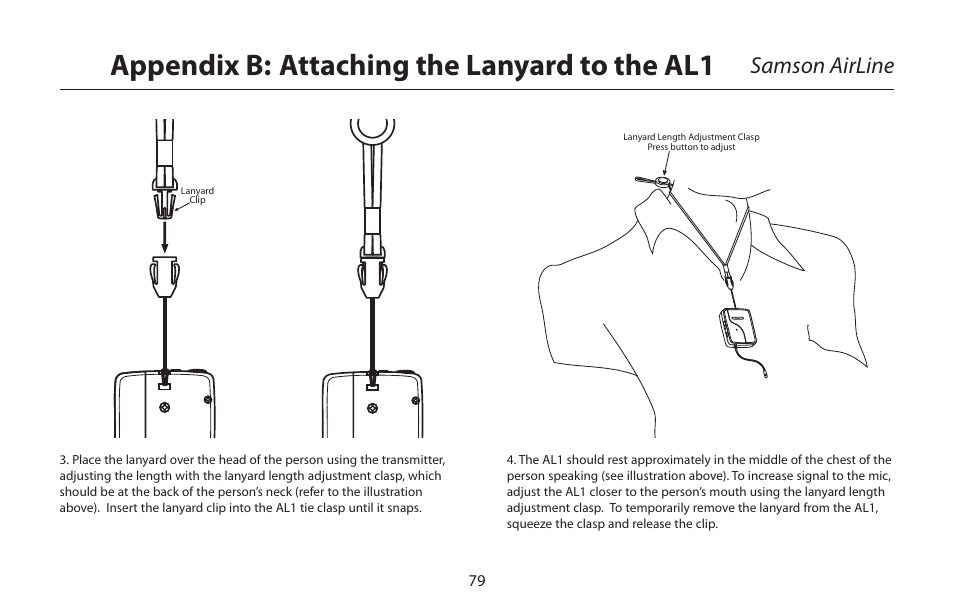 Appendix b: attaching the lanyard to the al1, Samson airline | Samson AIRLINE CR77 User Manual | Page 79 / 84