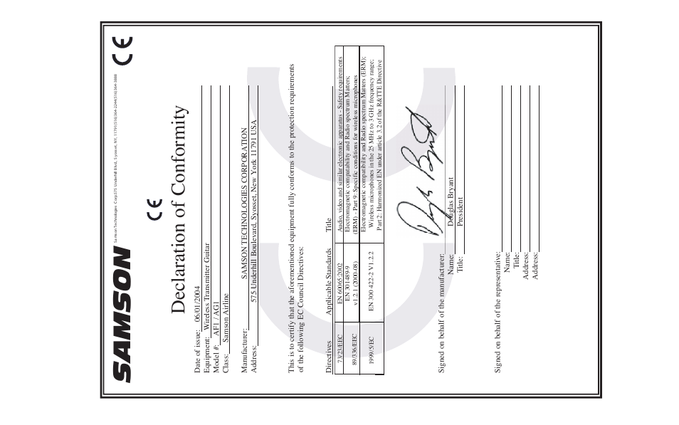 Dec la ra tio n of co nf or m ity | Samson AIRLINE CR77 User Manual | Page 82 / 84