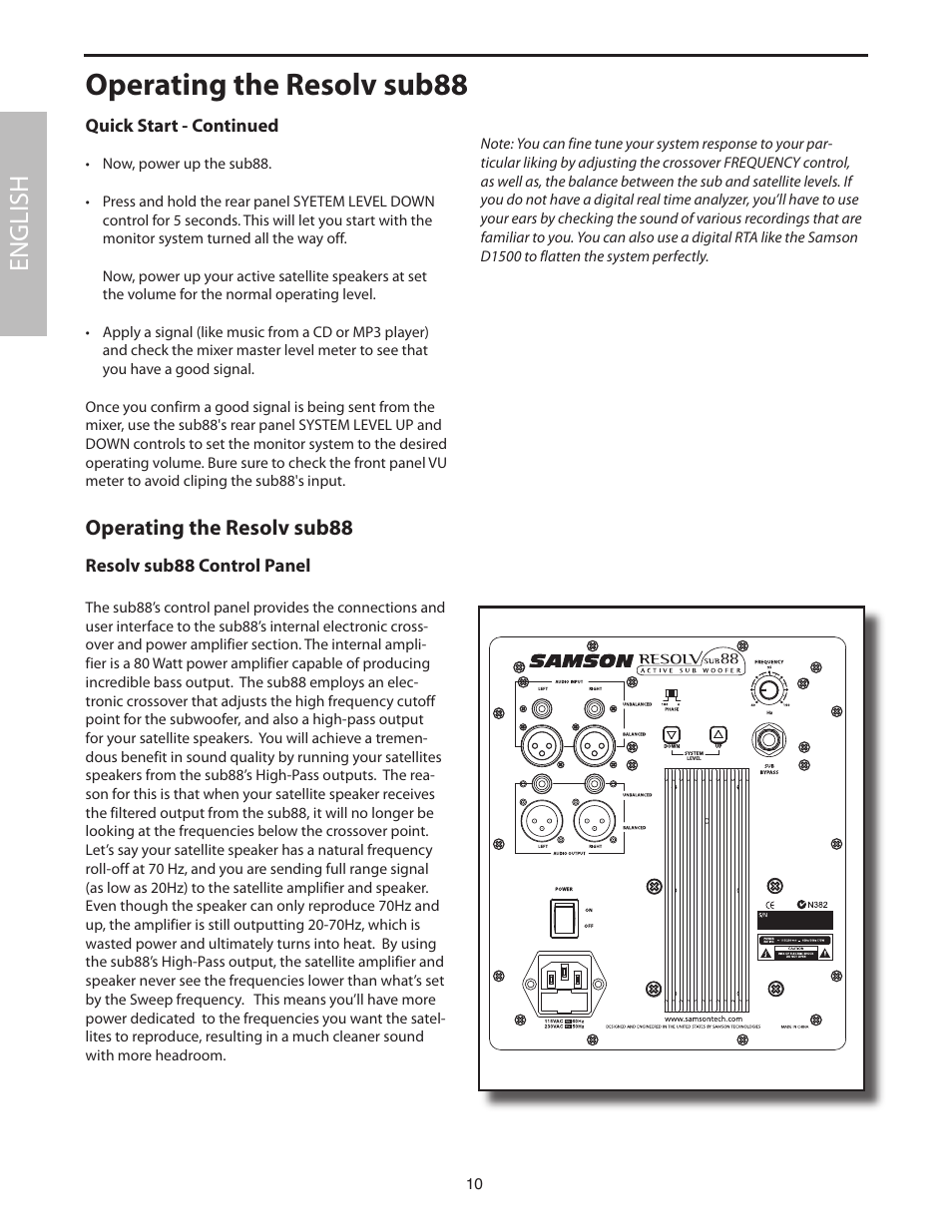 Operating the resolv sub88, Resolv sub88 control panel, English | Samson SUB88 User Manual | Page 10 / 68