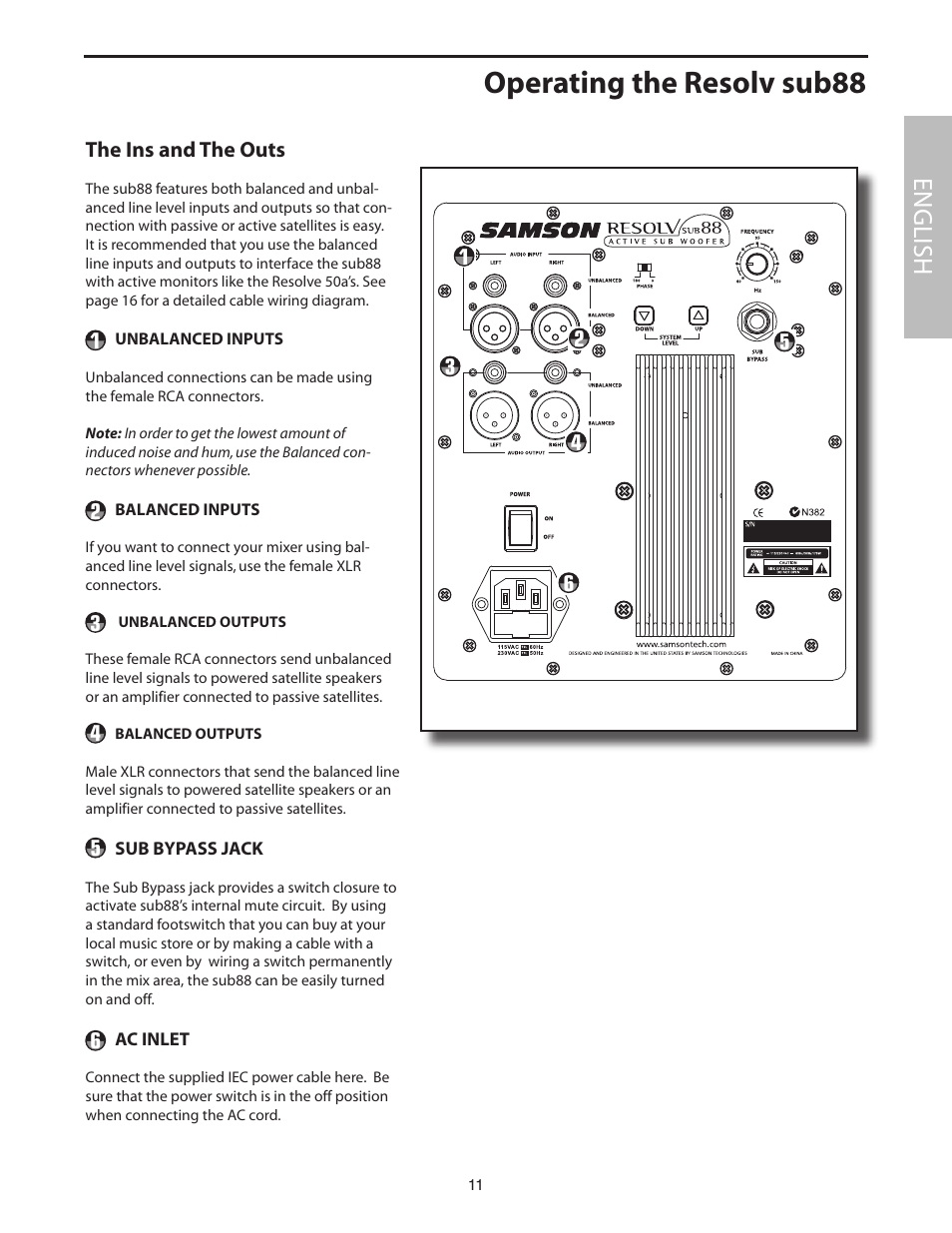 The ins and the outs, Operating the resolv sub88, English | Samson SUB88 User Manual | Page 11 / 68