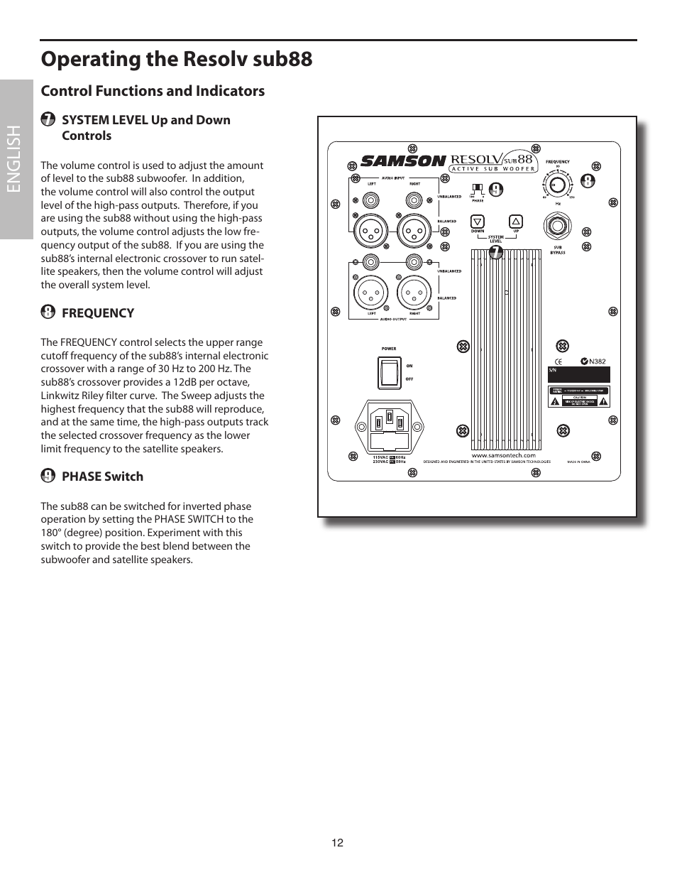 Control functions and indicators, Operating the resolv sub88, English | Samson SUB88 User Manual | Page 12 / 68