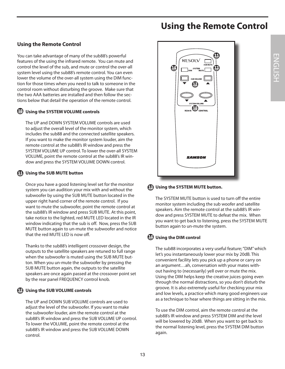 Using the remote control, English | Samson SUB88 User Manual | Page 13 / 68
