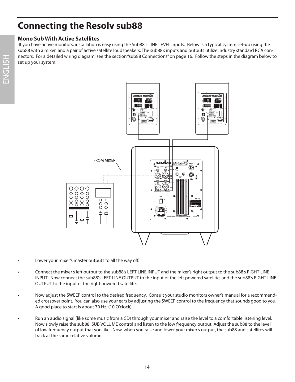 Connecting the resolv sub88, Mono sub with active satellites, English | Samson SUB88 User Manual | Page 14 / 68
