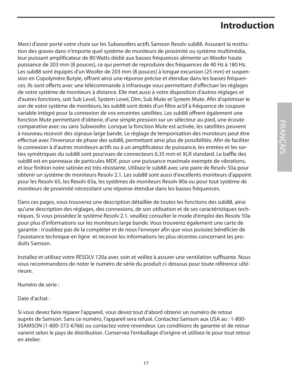 Français, Introduction, Fr anç ais | Samson SUB88 User Manual | Page 17 / 68