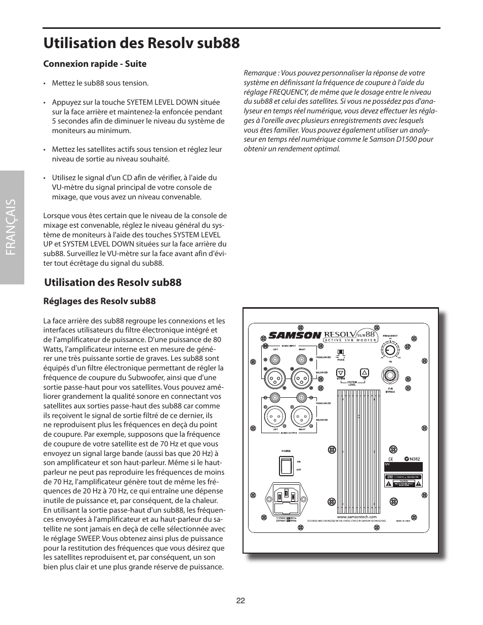 Utilisation des resolv sub88, Réglages des resolv sub88, Fr anç ais | Samson SUB88 User Manual | Page 22 / 68
