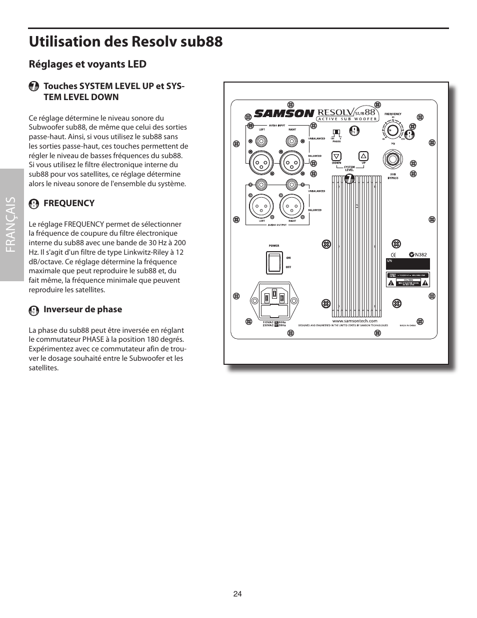 Réglages et voyants led, Touches system level up et system level down, Utilisation des resolv sub88 | Fr anç ais | Samson SUB88 User Manual | Page 24 / 68