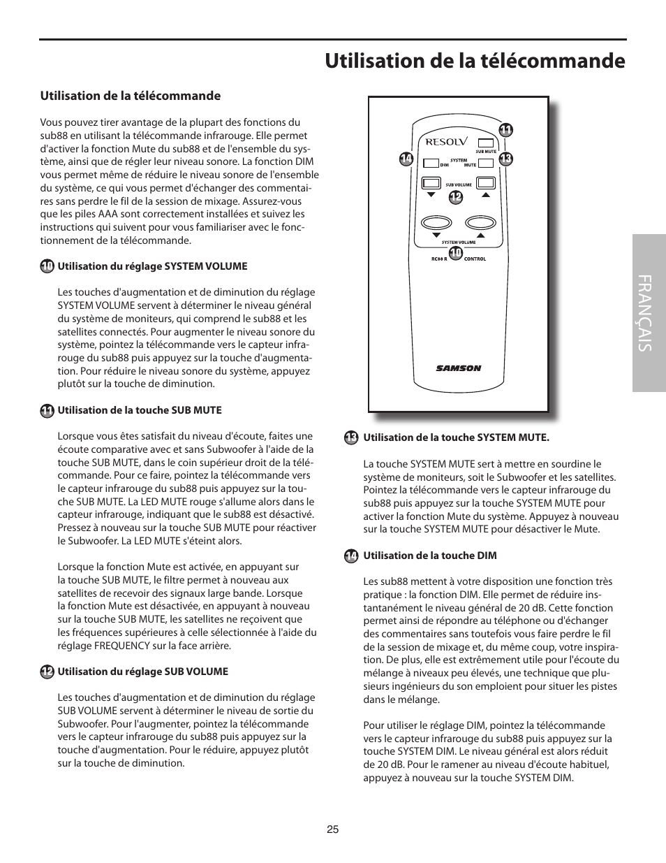 Utilisation de la télécommande, Fr anç ais | Samson SUB88 User Manual | Page 25 / 68