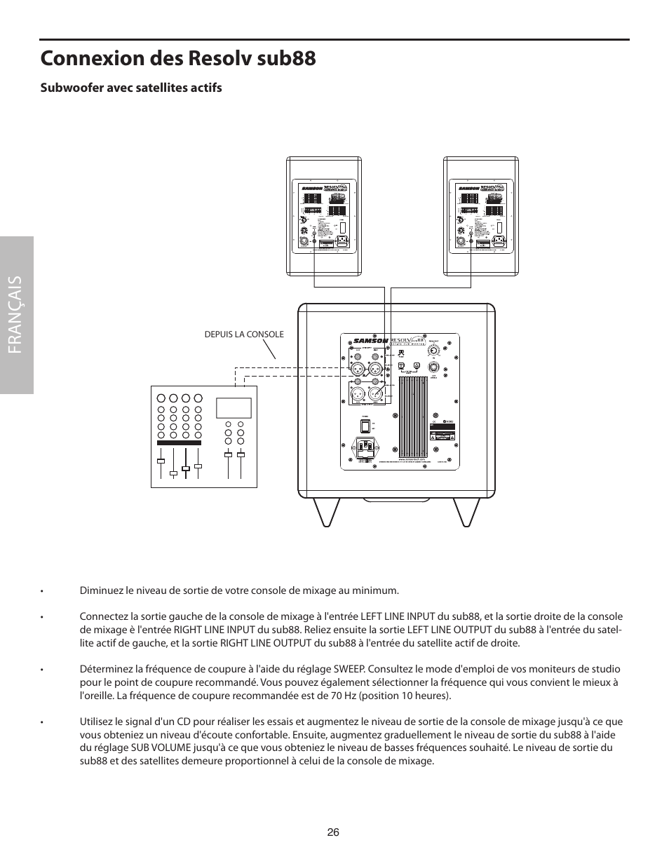 Connexion des resolv sub88, Subwoofer avec satellites actifs, Fr anç ais | Samson SUB88 User Manual | Page 26 / 68