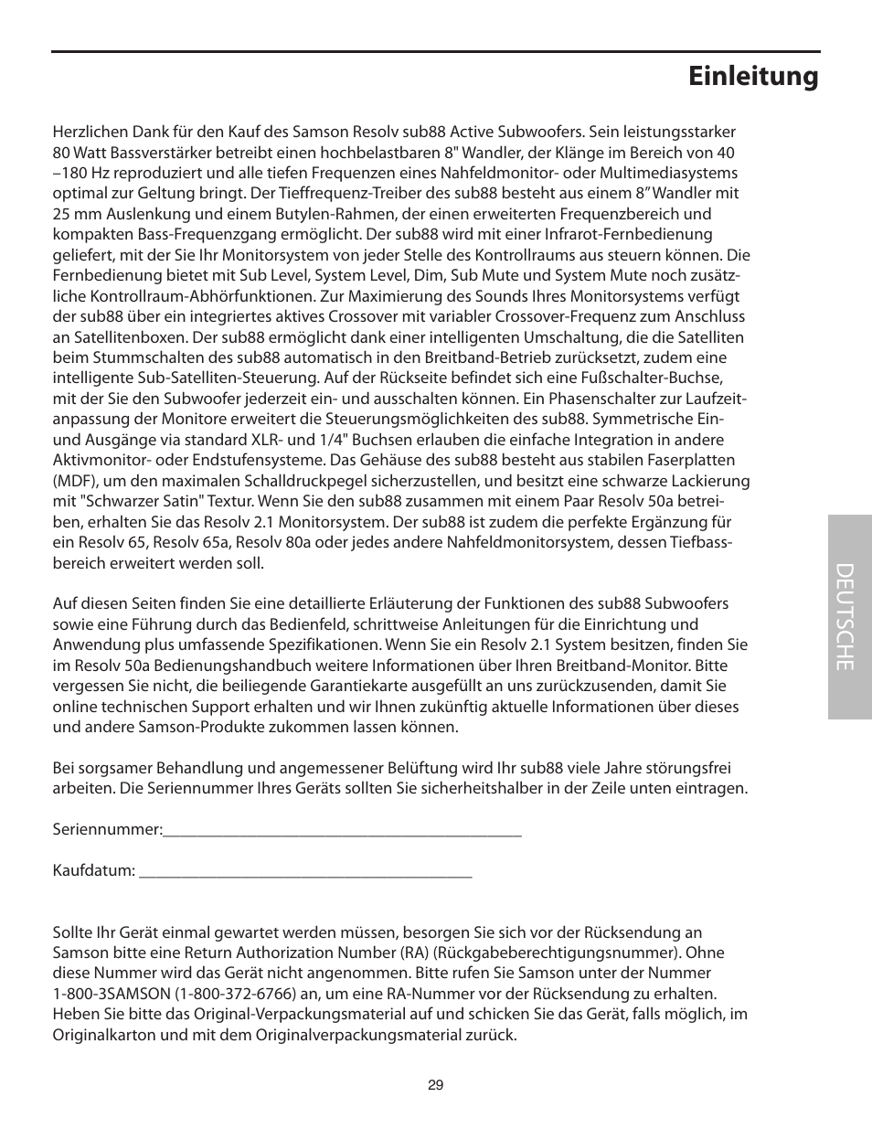 Deutsche, Einleitung, Deut sche | Samson SUB88 User Manual | Page 29 / 68