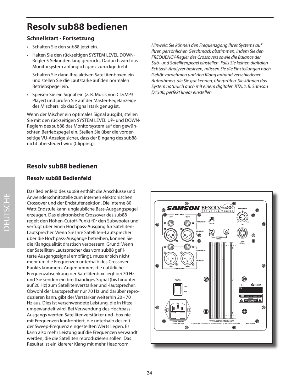 Resolv sub88 bedienen, Resolv sub88 bedienfeld, Deut sche | Samson SUB88 User Manual | Page 34 / 68