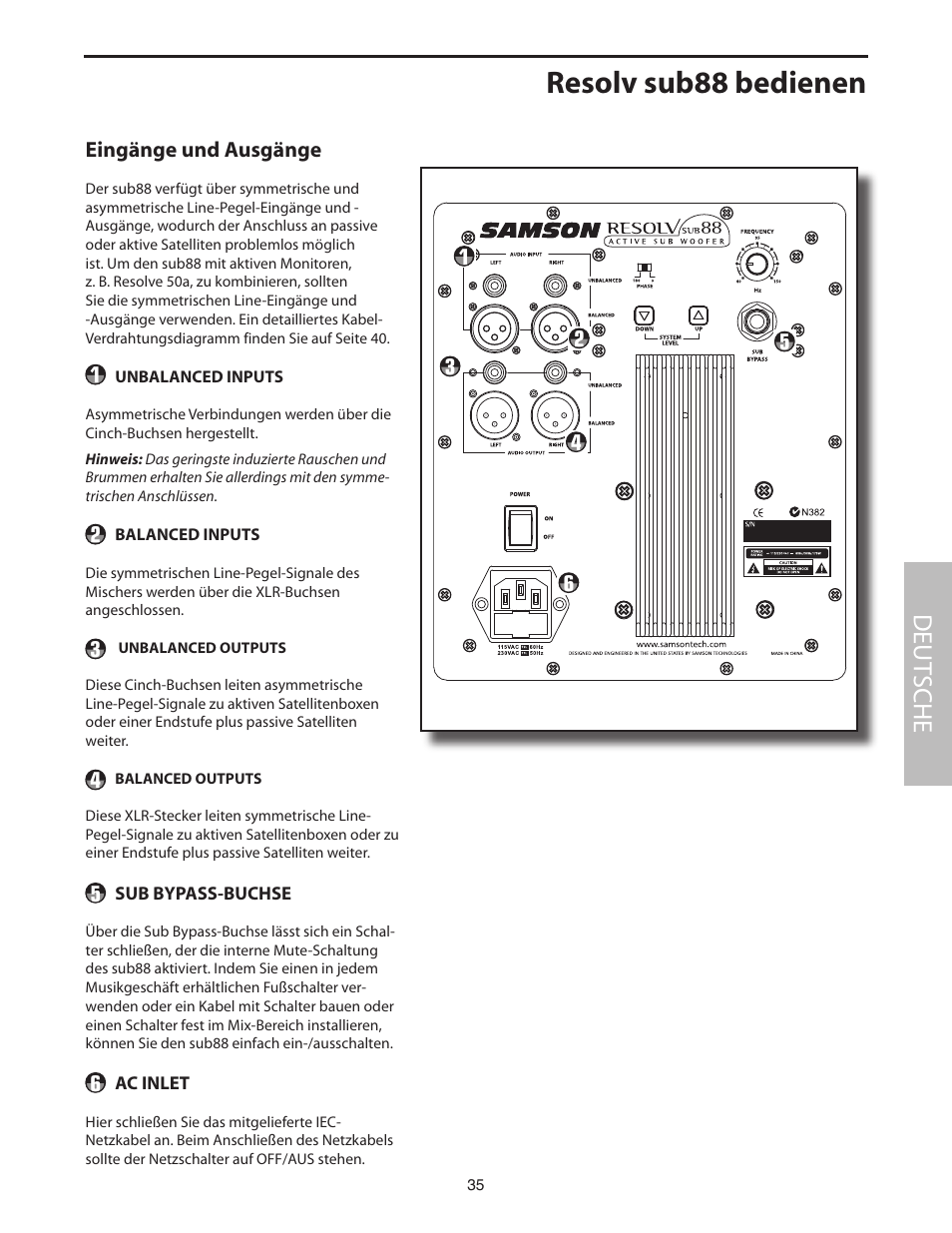 Eingänge und ausgänge, Resolv sub88 bedienen, Deut sche | Samson SUB88 User Manual | Page 35 / 68