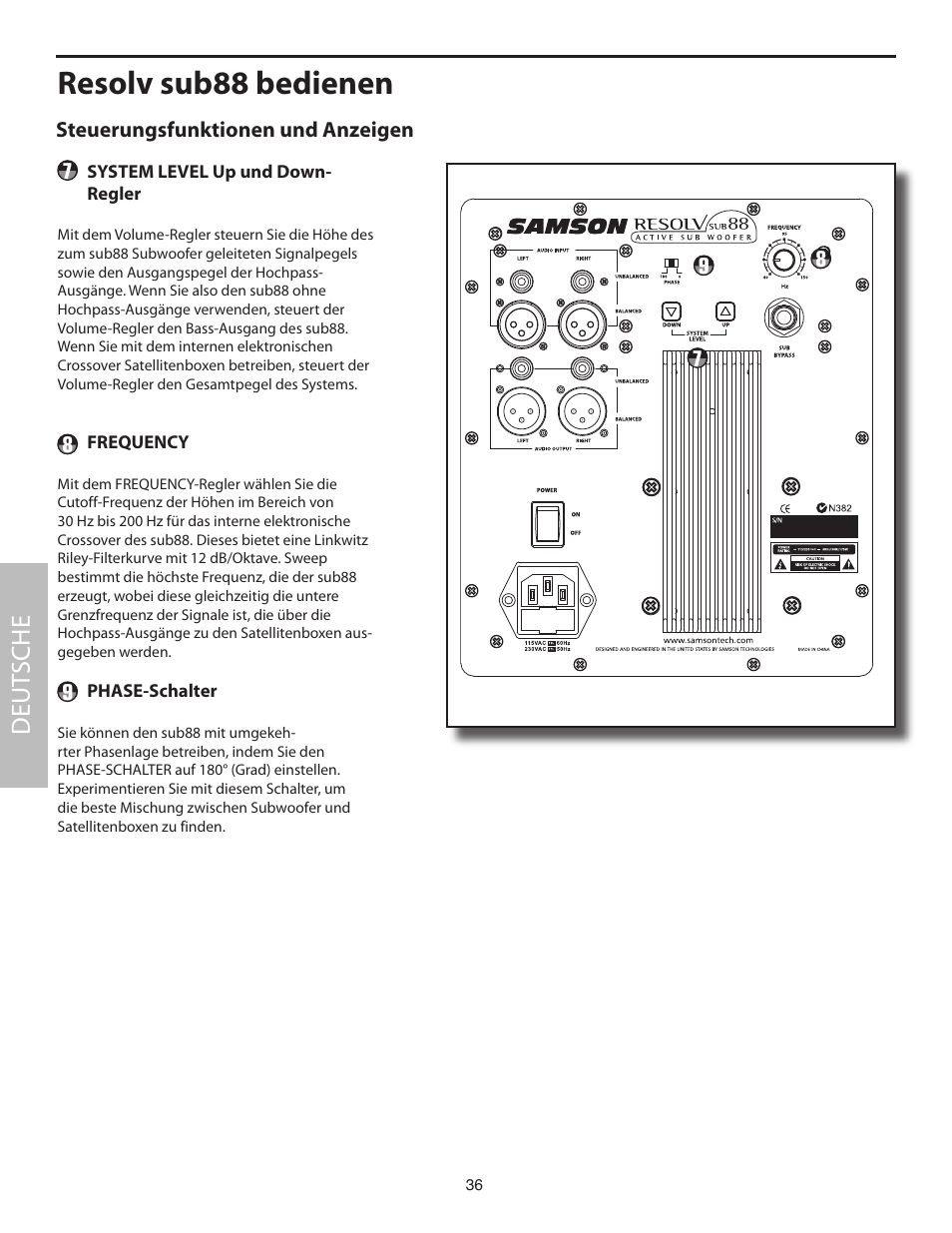 Steuerungsfunktionen und anzeigen, Resolv sub88 bedienen, Deut sche | Samson SUB88 User Manual | Page 36 / 68