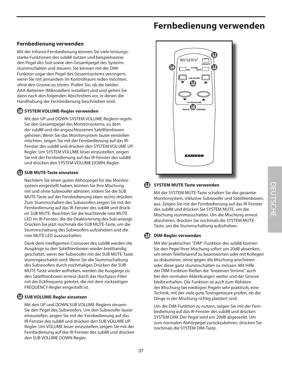 Fernbedienung verwenden, Deut sche | Samson SUB88 User Manual | Page 37 / 68