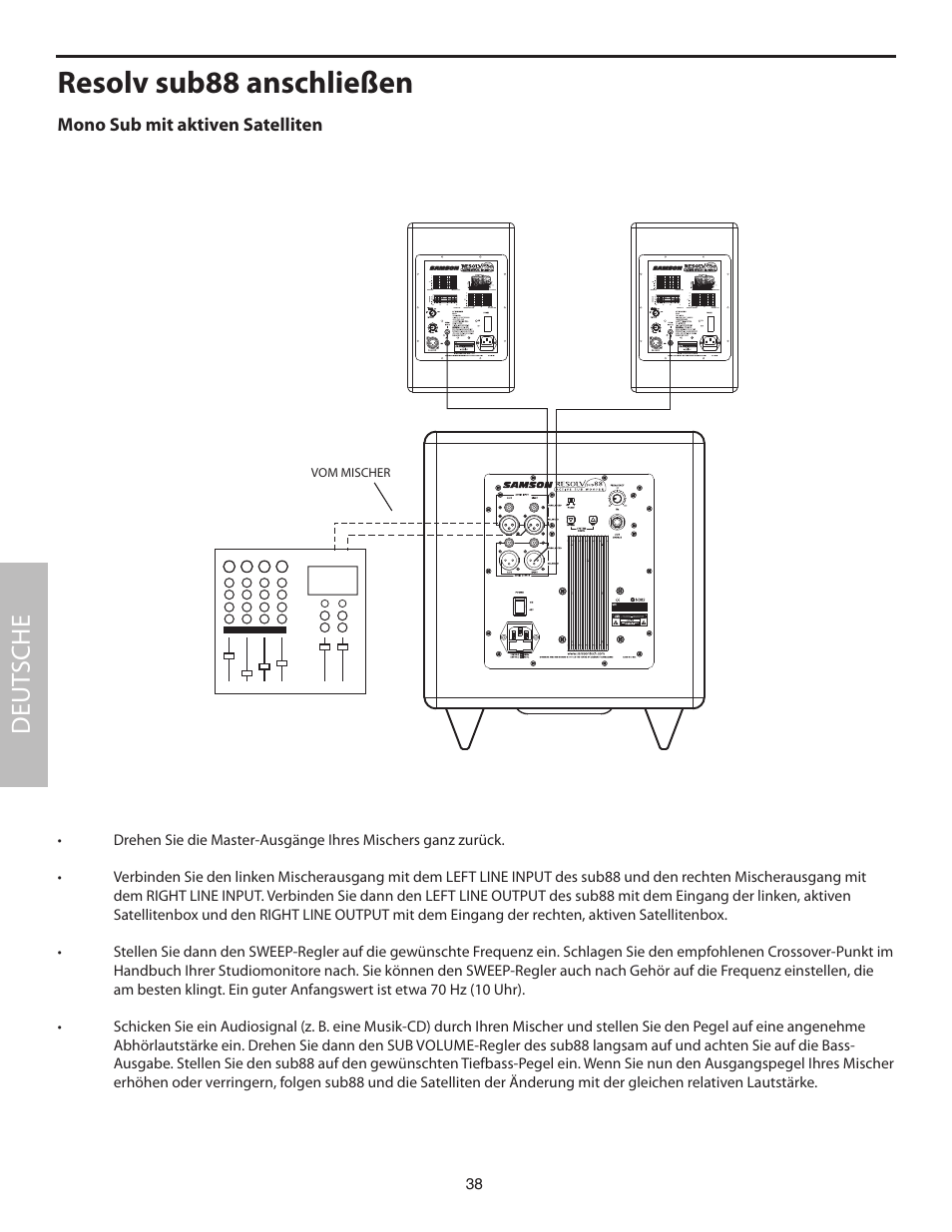 Resolv sub88 anschließen, Mono sub mit aktiven satelliten, Deut sche | Samson SUB88 User Manual | Page 38 / 68