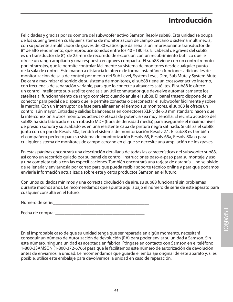 Español, Introducción, Esp añol | Samson SUB88 User Manual | Page 41 / 68