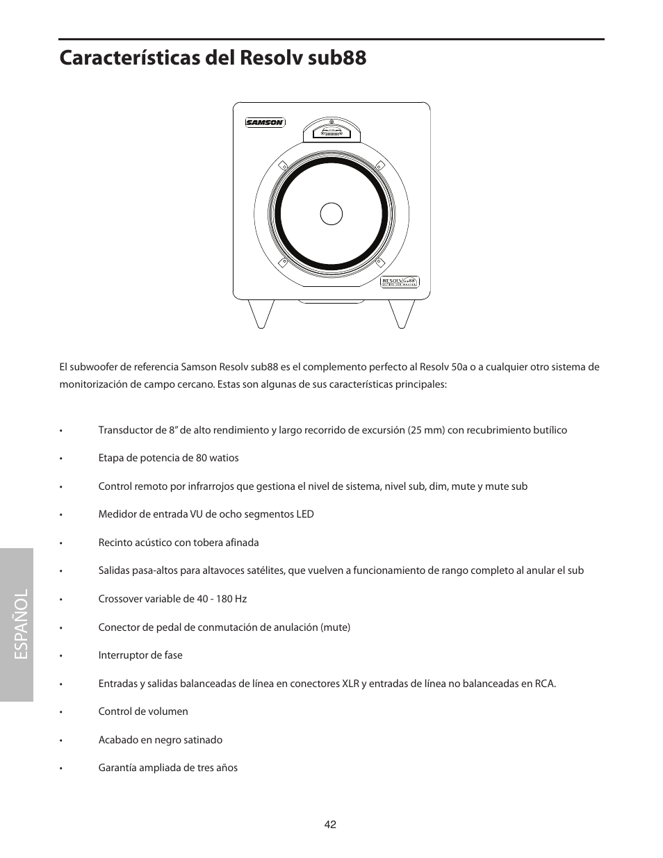 Características del resolv sub88, Esp añol | Samson SUB88 User Manual | Page 42 / 68