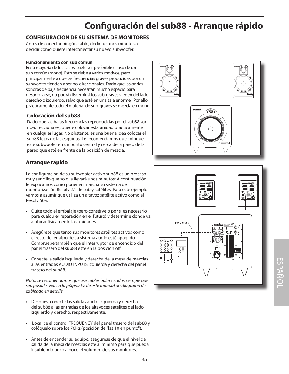 Configuración del sub88 - arranque rápido, Esp añol | Samson SUB88 User Manual | Page 45 / 68