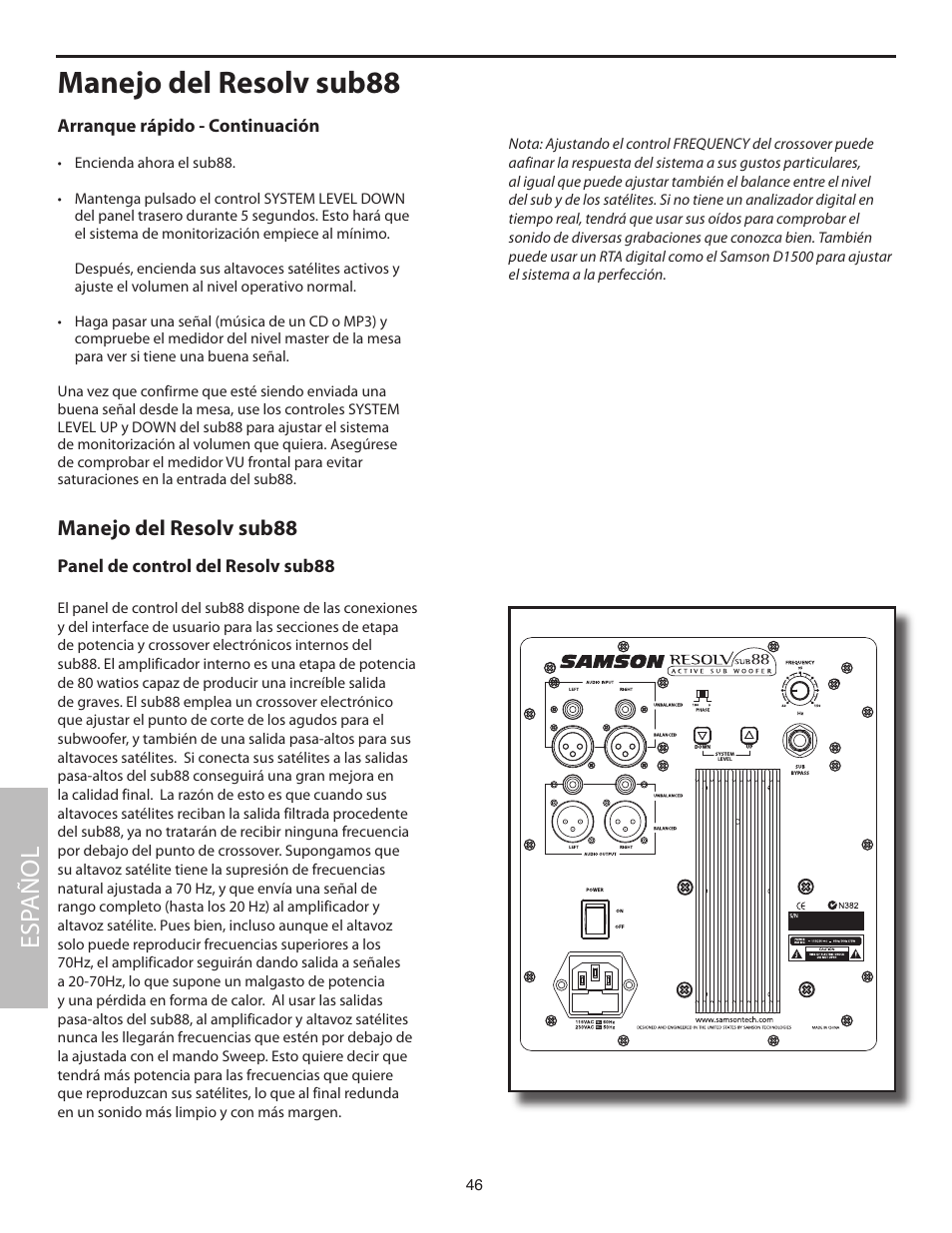 Manejo del resolv sub88, Panel de control del resolv sub88, Esp añol | Samson SUB88 User Manual | Page 46 / 68