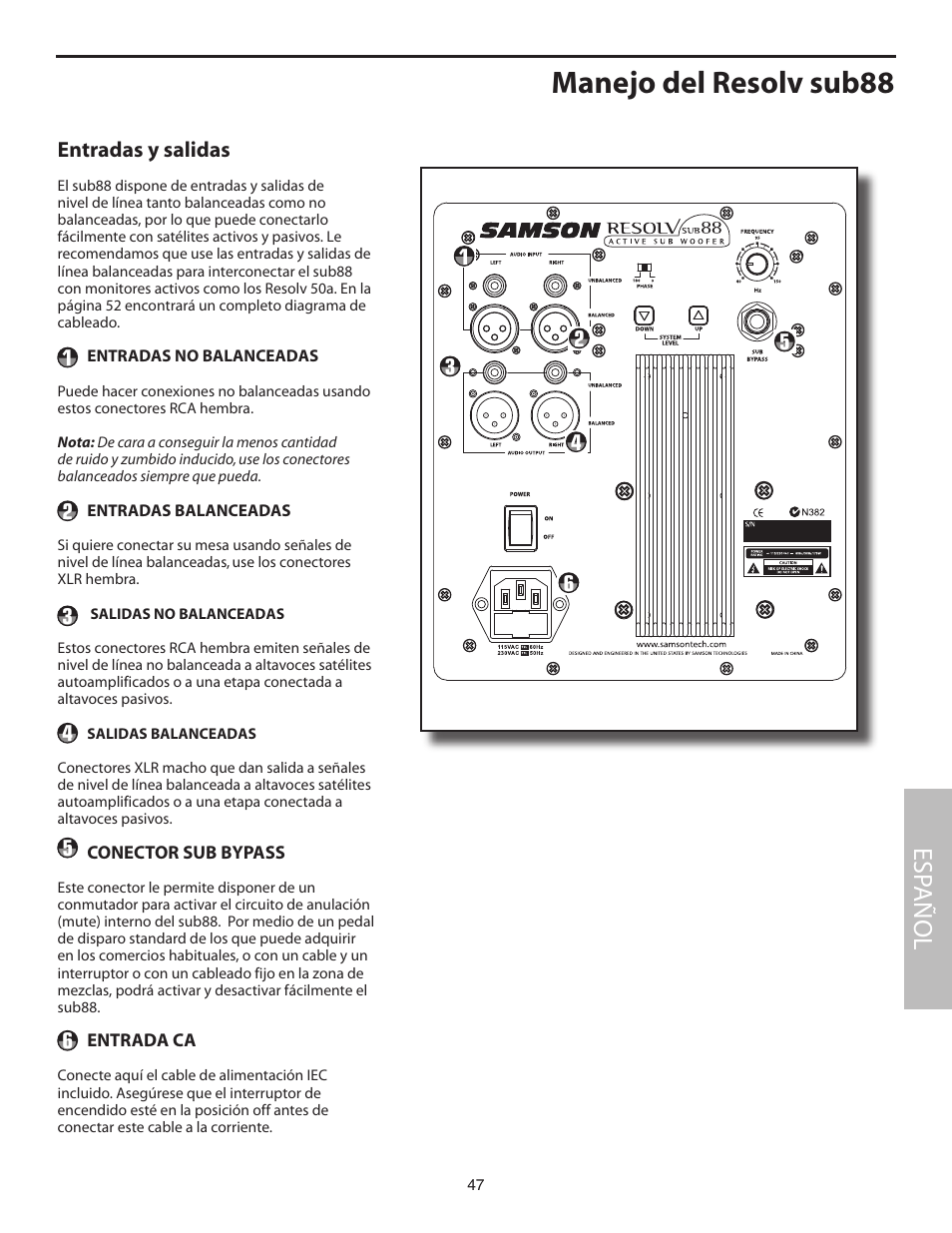 Entradas y salidas, Manejo del resolv sub88, Esp añol | Samson SUB88 User Manual | Page 47 / 68