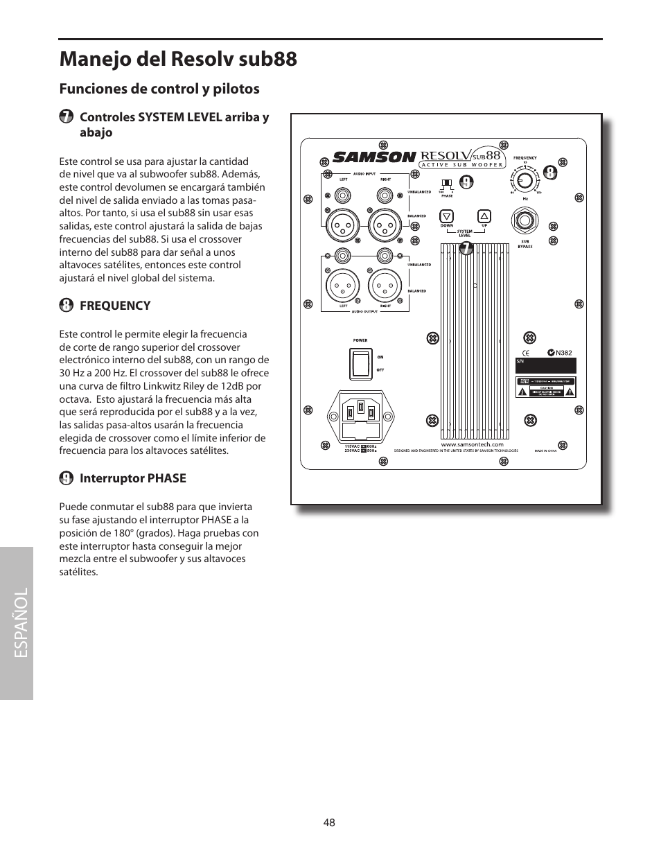 Funciones de control y pilotos, Manejo del resolv sub88, Esp añol | Samson SUB88 User Manual | Page 48 / 68