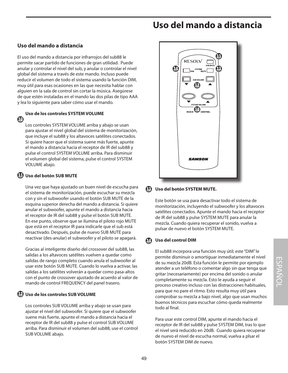 Uso del mando a distancia, Esp añol | Samson SUB88 User Manual | Page 49 / 68