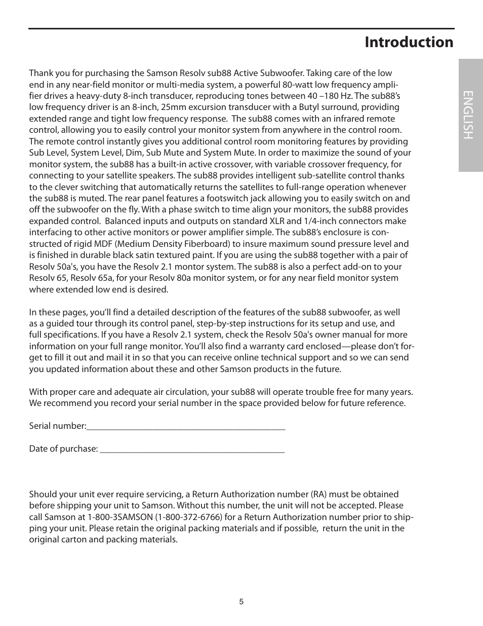 English, Introduction | Samson SUB88 User Manual | Page 5 / 68