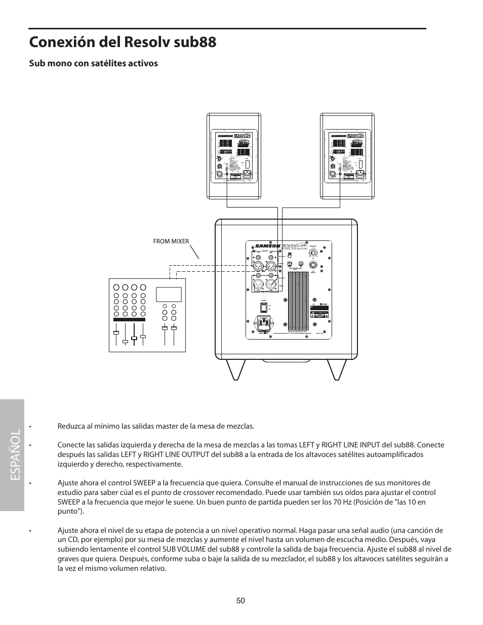 Conexión del resolv sub88, Sub mono con satélites activos, Esp añol | Samson SUB88 User Manual | Page 50 / 68