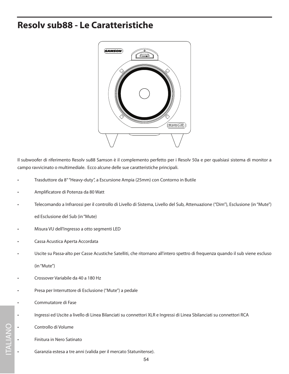 Resolv sub88 - le caratteristiche, It aliano | Samson SUB88 User Manual | Page 54 / 68