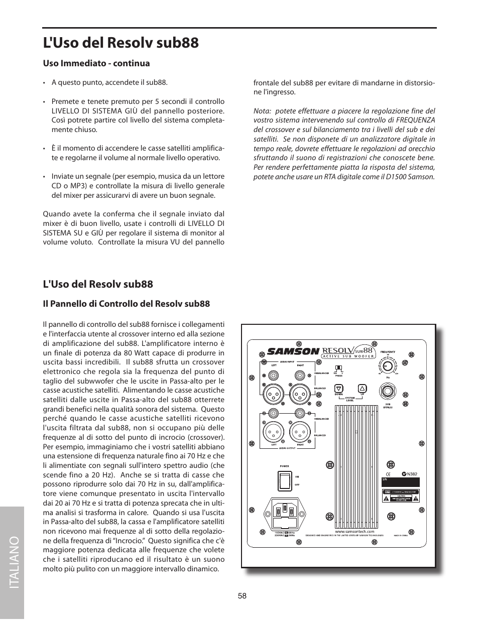 L'uso del resolv sub88, Il pannello di controllo del resolv sub88, It aliano | Samson SUB88 User Manual | Page 58 / 68