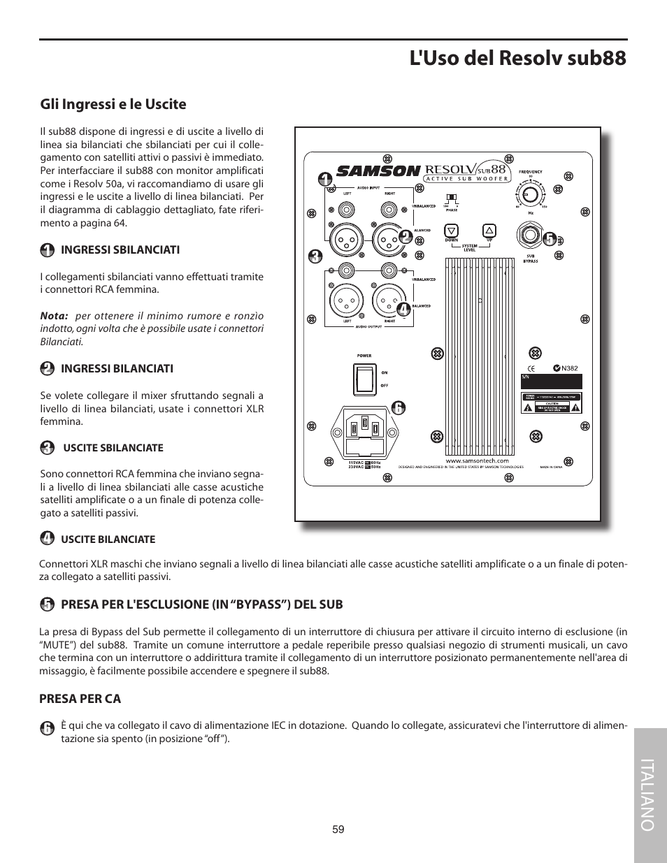 L'uso del resolv sub88, Gli ingressi e le uscite, It aliano | Samson SUB88 User Manual | Page 59 / 68