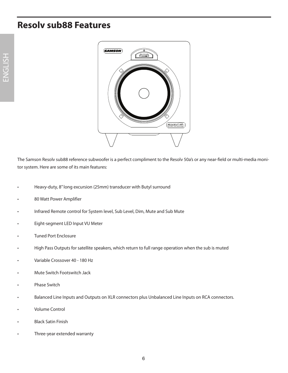 Resolv sub88 features, English | Samson SUB88 User Manual | Page 6 / 68