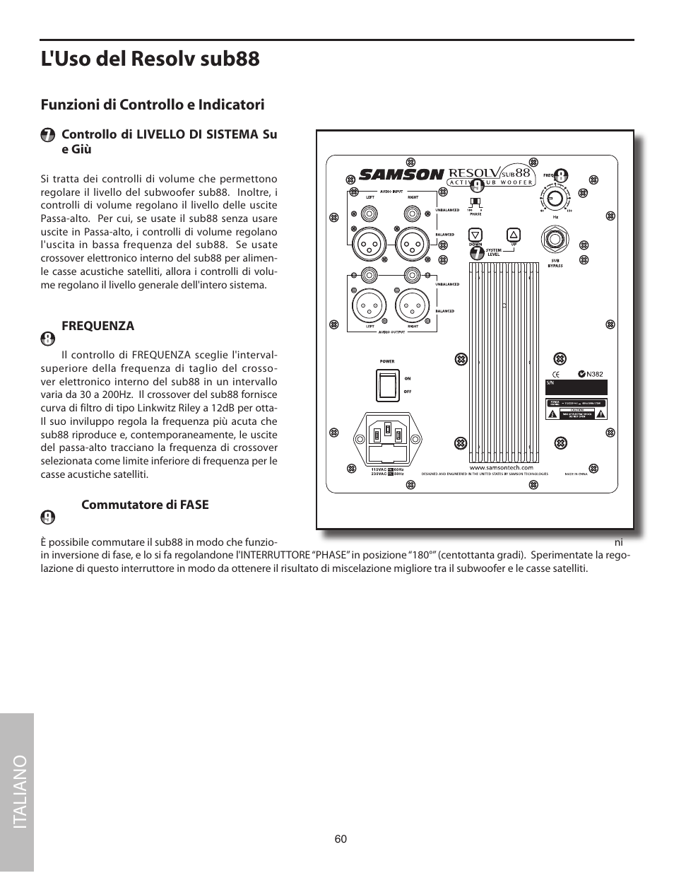 L'uso del resolv sub88, Funzioni di controllo e indicatori, It aliano | Samson SUB88 User Manual | Page 60 / 68