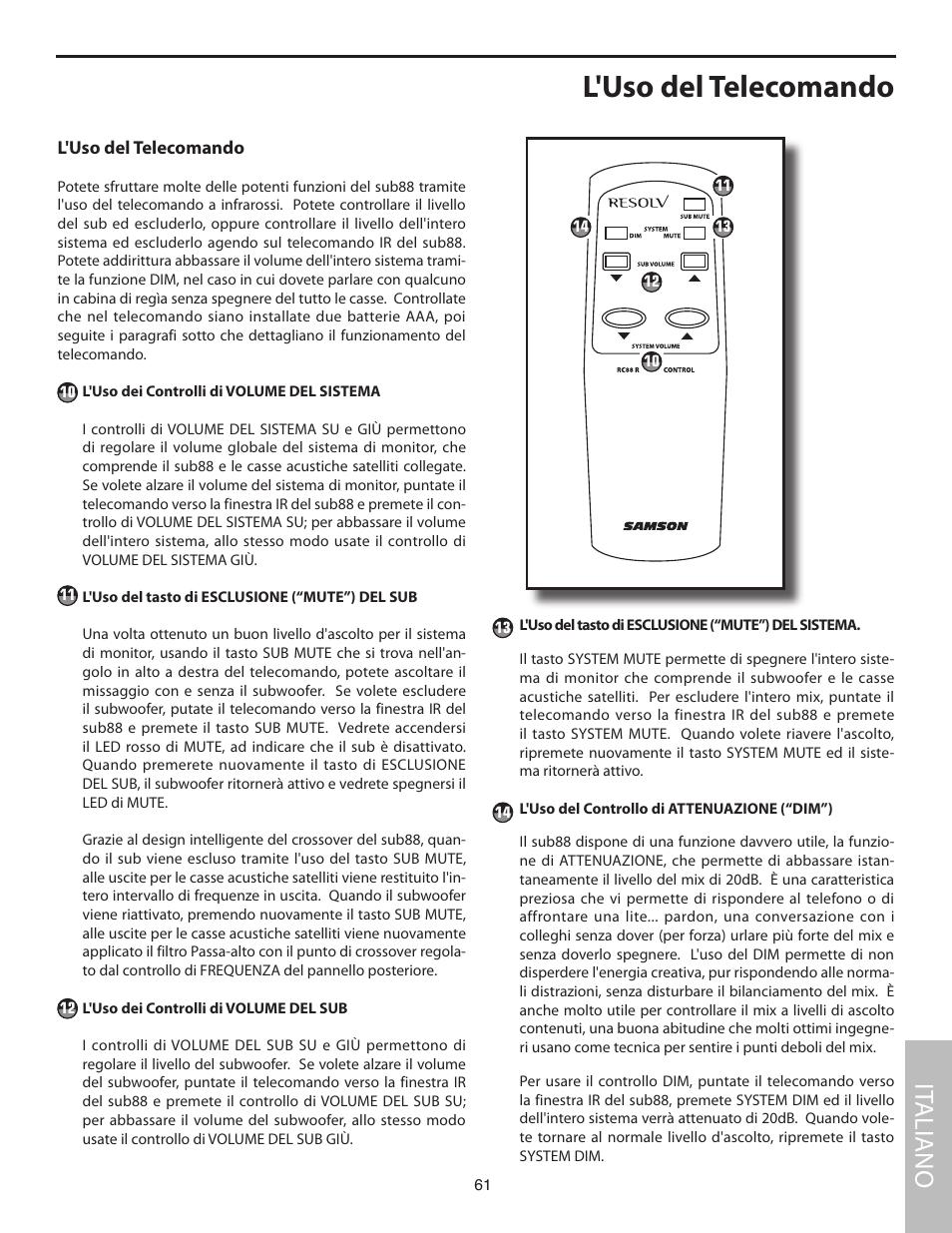 L'uso del telecomando, It aliano | Samson SUB88 User Manual | Page 61 / 68