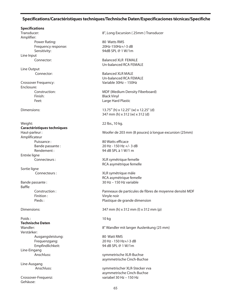 Caractéristiques techniques, Technische daten | Samson SUB88 User Manual | Page 65 / 68