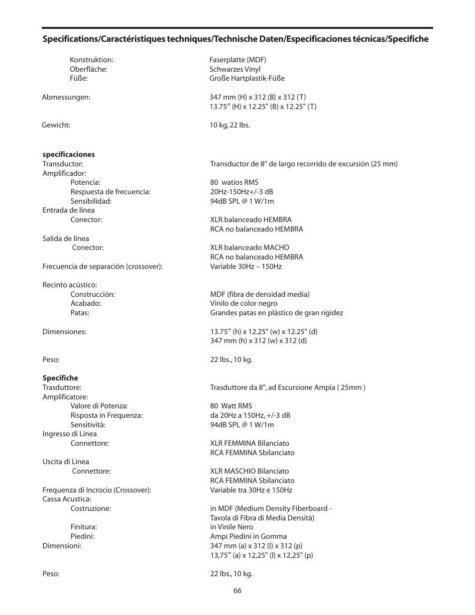 Especificaciones técnicas, Specifiche | Samson SUB88 User Manual | Page 66 / 68