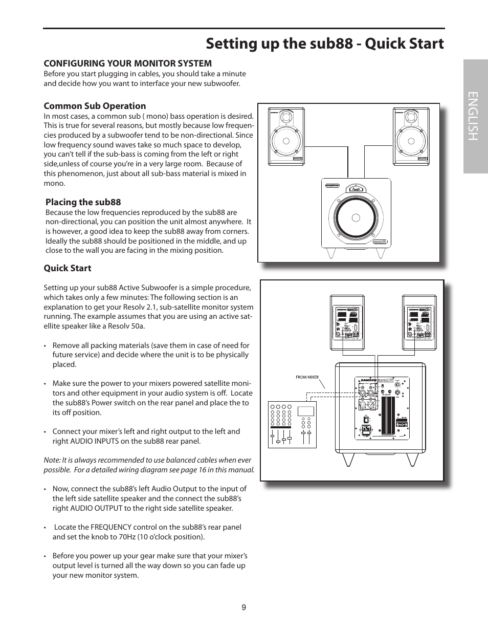 Setting up the sub88 - quick start, English | Samson SUB88 User Manual | Page 9 / 68