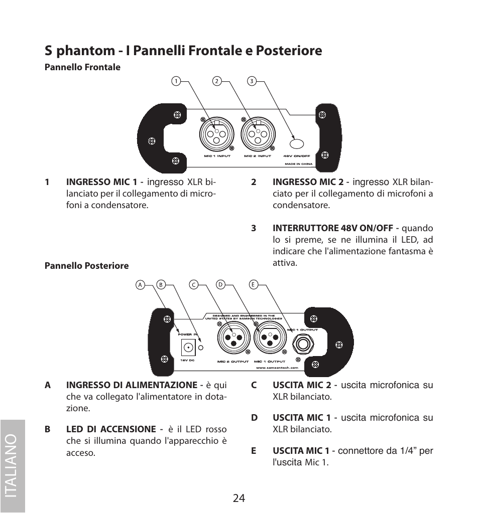 S phantom - i pannelli frontale e posteriore, It aliano | Samson S. phantom S Class User Manual | Page 24 / 32