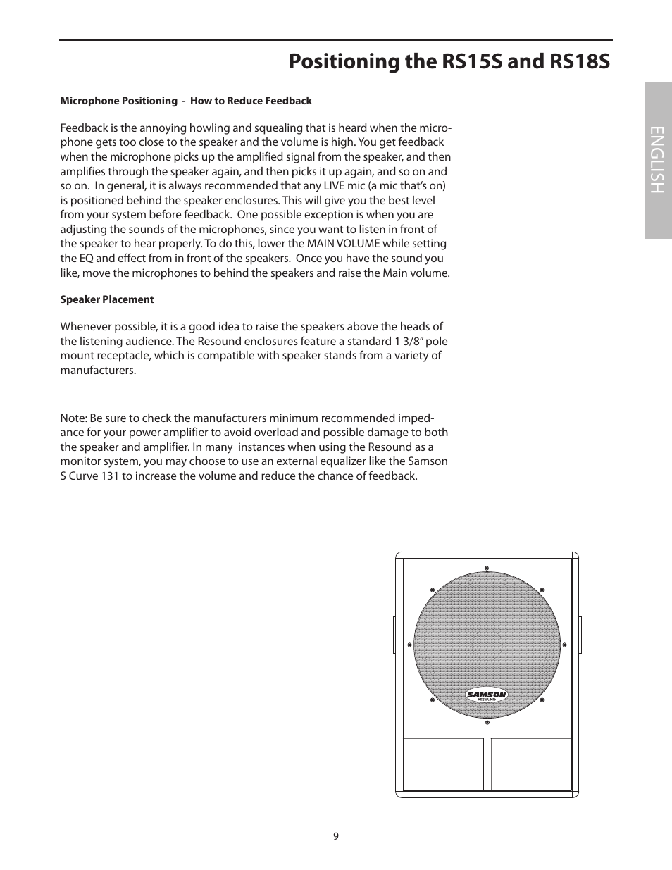 Positioning the rs15s and rs18s, Microphone positioning - how to reduce feedback, Speaker placement | English | Samson RS18S User Manual | Page 11 / 50