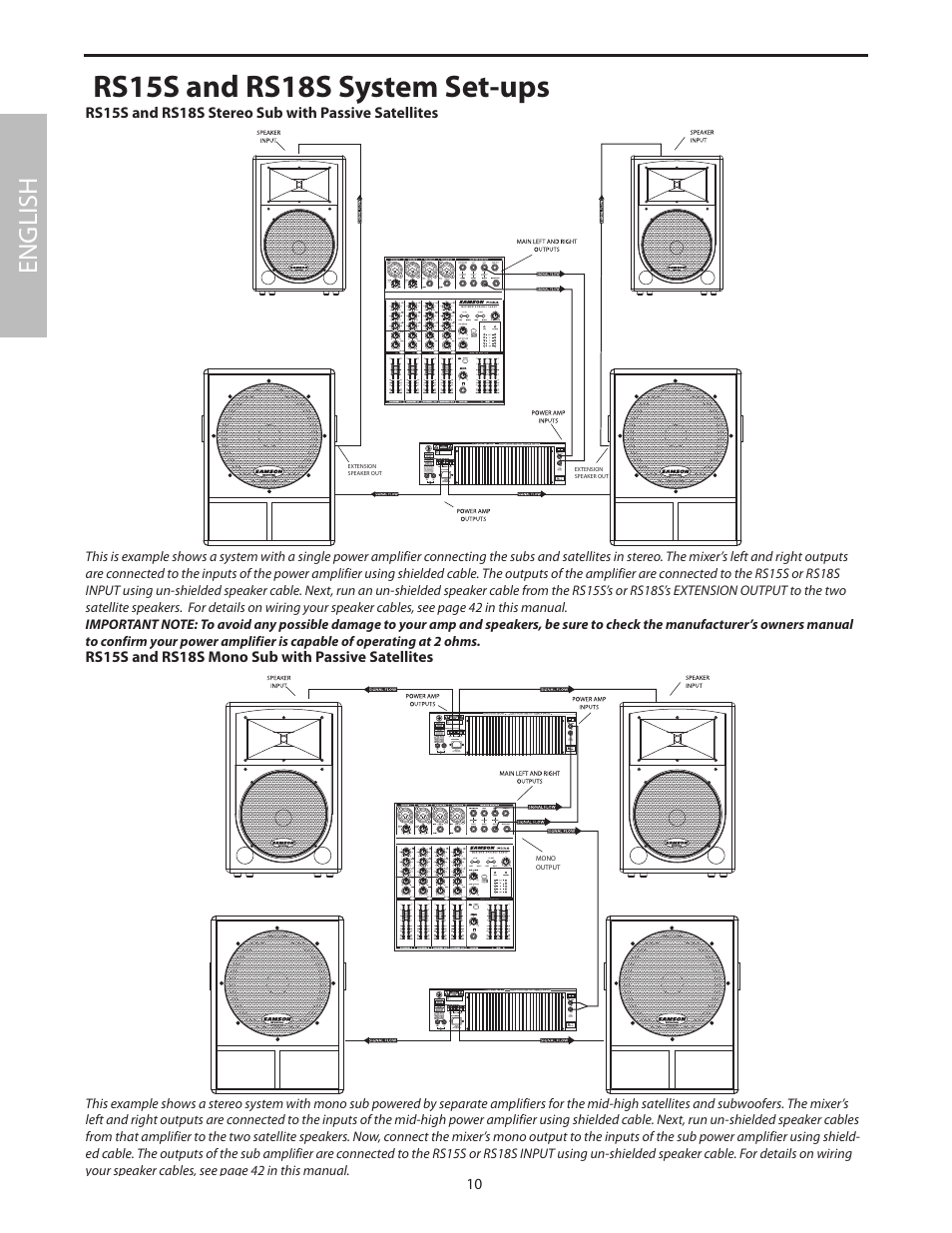 Rs15s and rs18s system set-ups, Rs15s and rs18s stereo sub with passive satellites, Rs15s and rs18s mono sub with passive satellites | English | Samson RS18S User Manual | Page 12 / 50