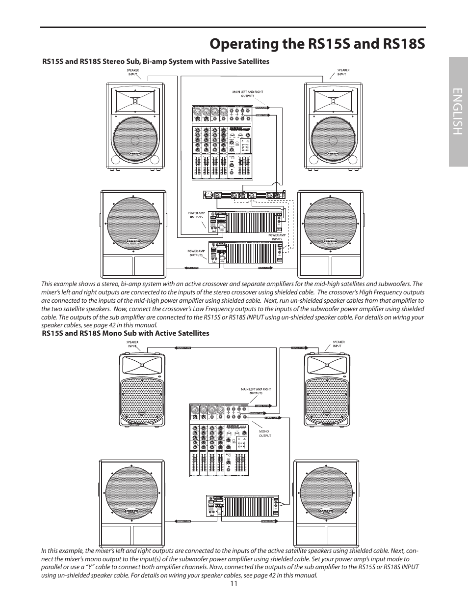 Operating the rs15s and rs18s, Rs15s and rs18s mono sub with active satellites, English | Samson RS18S User Manual | Page 13 / 50