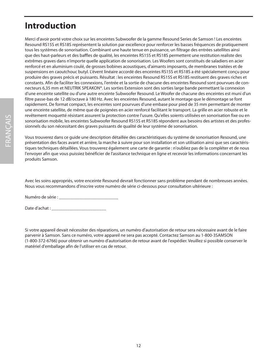 Français, Introduction, Fr anç ais | Samson RS18S User Manual | Page 14 / 50
