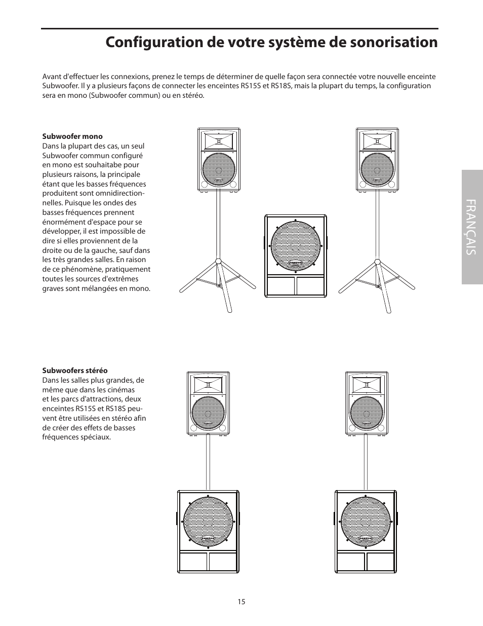 Configuration de votre système de sonorisation, Subwoofer mono, Subwoofers stéréo | Fr anç ais | Samson RS18S User Manual | Page 17 / 50