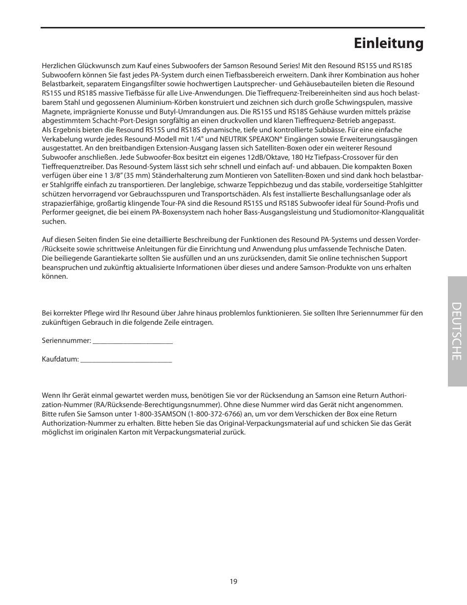 Deutsche, Einleitung, Deut sche | Samson RS18S User Manual | Page 21 / 50