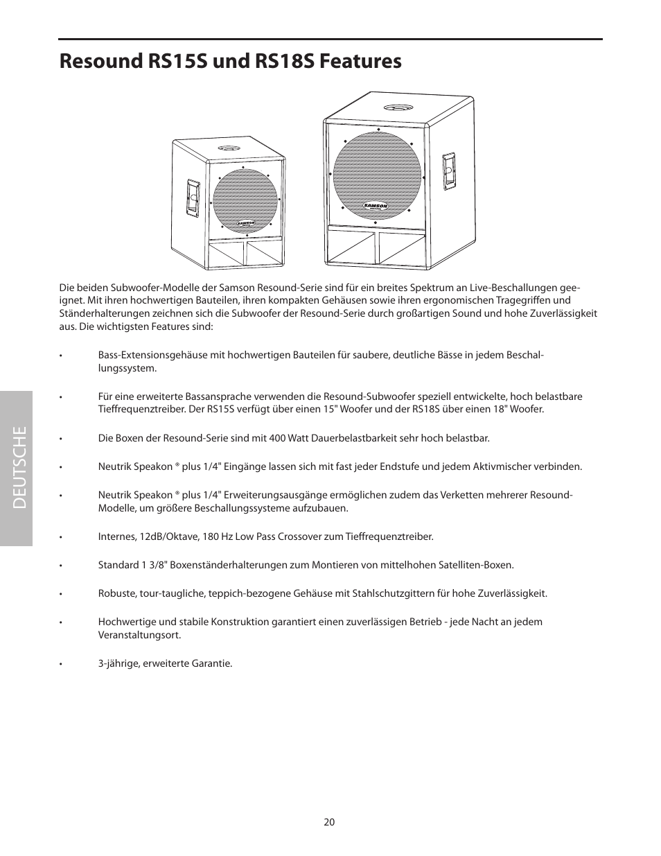 Resound rs15s und rs18s features, Deut sche | Samson RS18S User Manual | Page 22 / 50