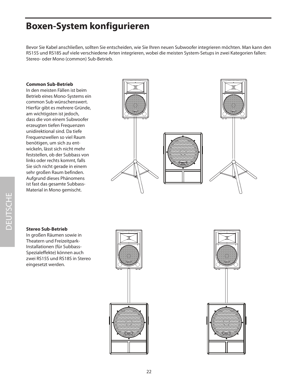 Boxen-system konfigurieren, Common sub-betrieb, Stereo sub-betrieb | Deut sche | Samson RS18S User Manual | Page 24 / 50