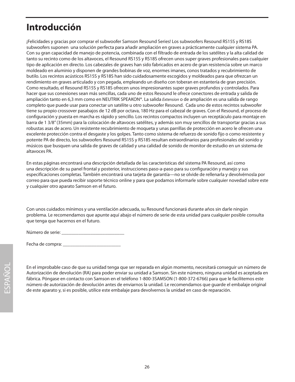 Español, Introducción, Esp añol | Samson RS18S User Manual | Page 28 / 50
