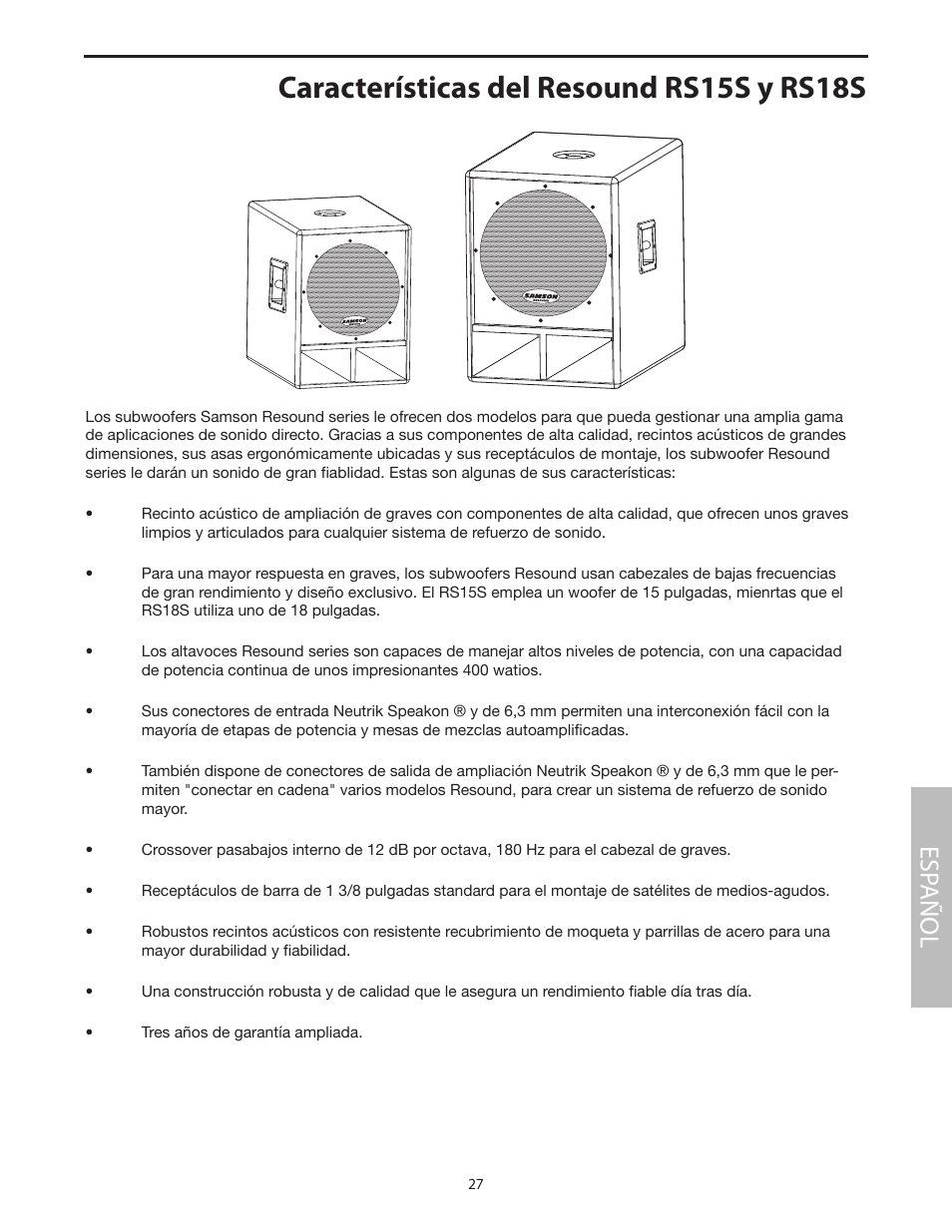 Características del resound rs15s y rs18s, Esp añol | Samson RS18S User Manual | Page 29 / 50