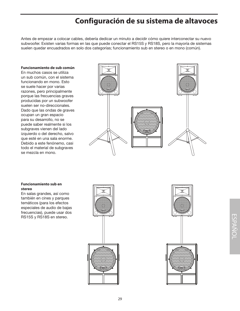Configuración de su sistema de altavoces, Funcionamiento de sub común, Funcionamiento sub en stereo | Esp añol | Samson RS18S User Manual | Page 31 / 50