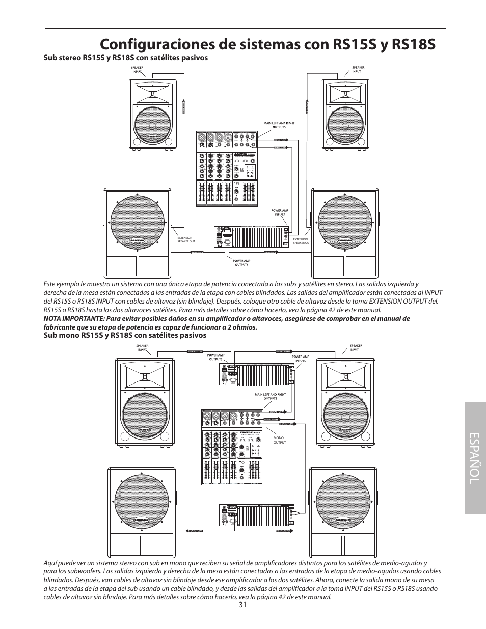Configuraciones de sistemas con rs15s y rs18s, Sub stereo rs15s y rs18s con satélites pasivos, Sub mono rs15s y rs18s con satélites pasivos | Esp añol | Samson RS18S User Manual | Page 33 / 50